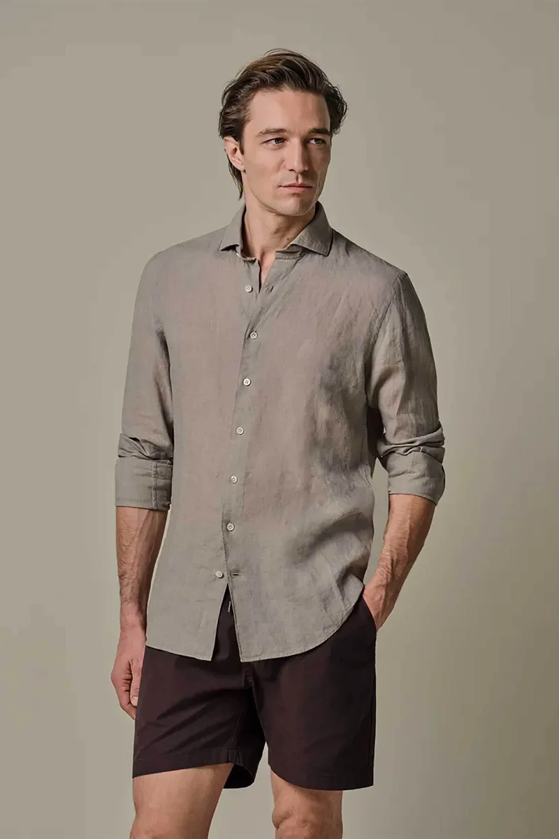 Profuomo ανδρικό λινό πουκάμισο Slim Fit - PPXH10017D Μπεζ