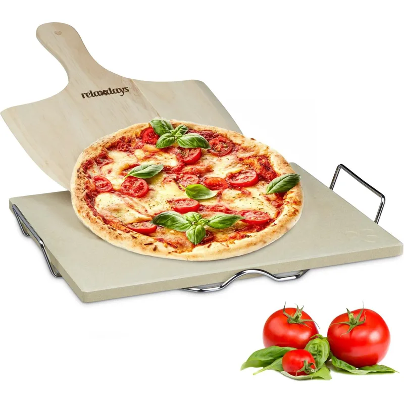 Πέτρα Ψησίματος Πίτσας Relaxdays Pizza Stone Set Σετ με Ξύλινο Φτυάρι & Μεταλλική Βάση 38 x 30 x 1.5 cm - Μπεζ (10020488)