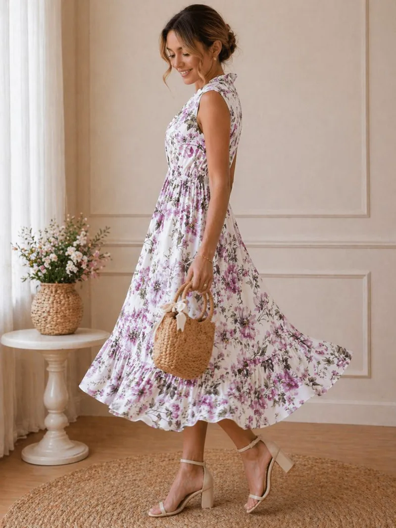 Γυναικείο Midi Φόρεμα Floral Με V Λαιμόκοψη – Αέρινο Καλοκαιρινό Φόρεμα Σε Άσπρο | Dress Up Άσπρο