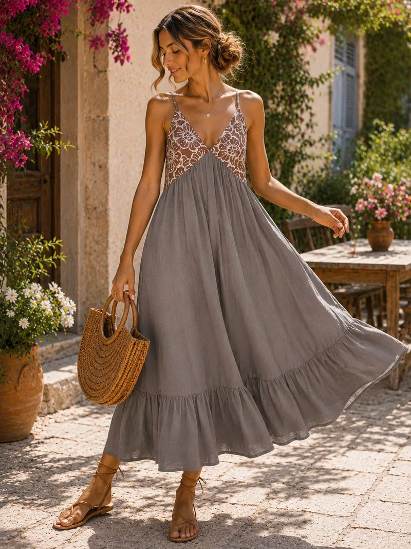 Maxi Φόρεμ Με Τιράντες Και Αέρινη Γραμμή - Μπεζ | Dress Up Μπεζ