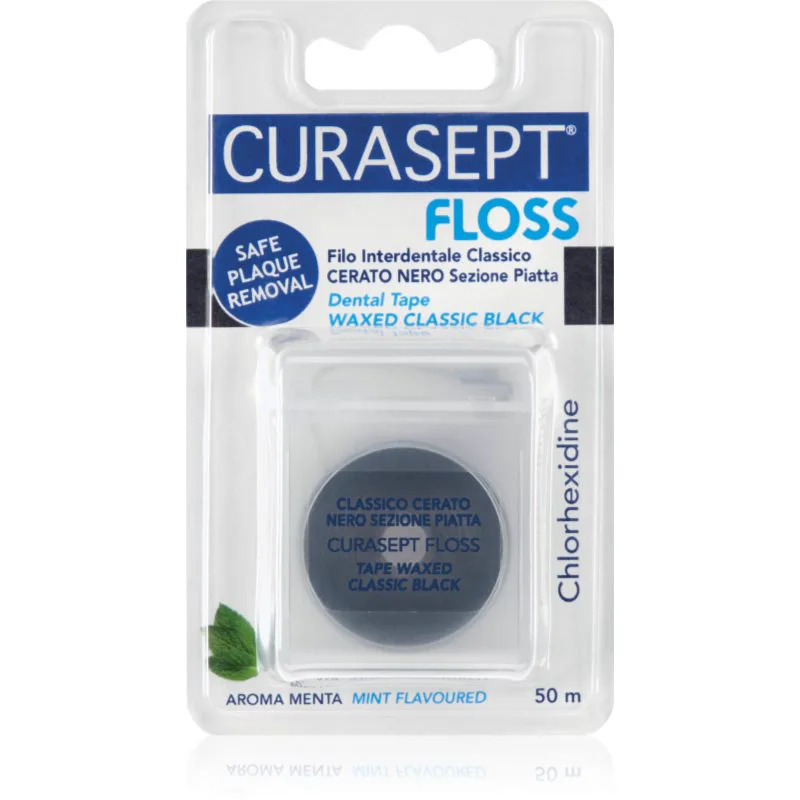 Curasept Dental Tape Waxed Classic Black κέρινη οδοντική ταινία με αντιβακτηριακό συστατικό Mint 50 μ