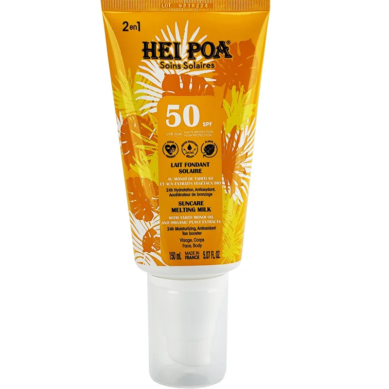 Hei Poa Suncare Melting Milk for Face & Body Spf50 Αντηλιακό Γαλάκτωμα Προσώπου - Σώματος για Υψηλή Αντηλιακή Προστασία, Λαμπερό Μαύρισμα & Άρωμα Monoi 150ml