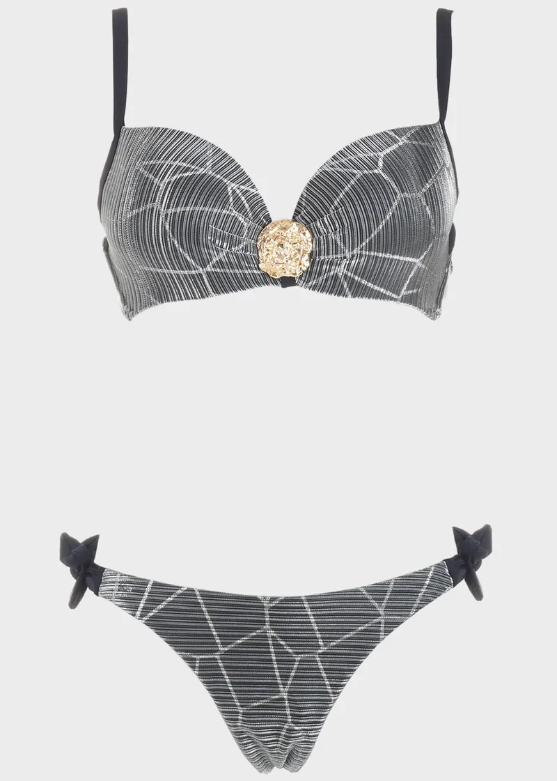 Bikini push up με λούρεξ λεπτομέρειες. Καλύπτει B-C Cup ΓΚΡΙ