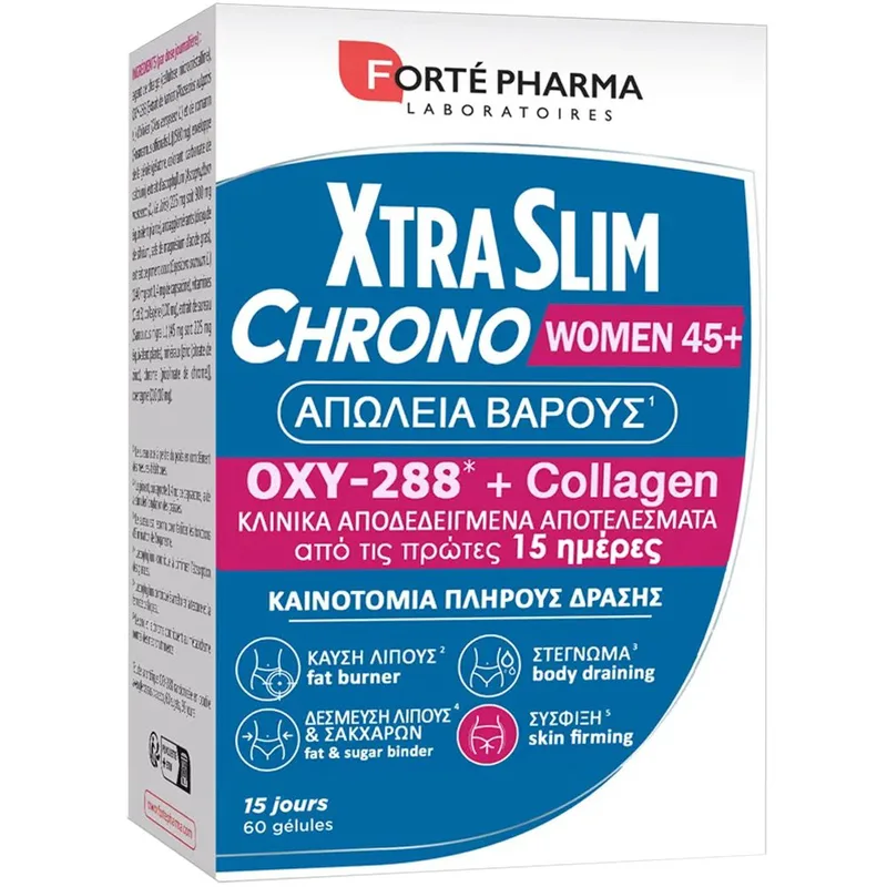 Forte Pharma XtraSlim Chrono Women 45+ Συμπλήρωμα Διατροφής Φόρμουλας Βοτανικών Εκχυλισμάτων, Βιταμινών, Μετάλλων & Κολλαγόνου Ειδικής Σύνθεσης για Γυναίκες Ηλικίας 45+ για Καύση Λίπους, Στέγνωμα & Σύσφιξη 60caps