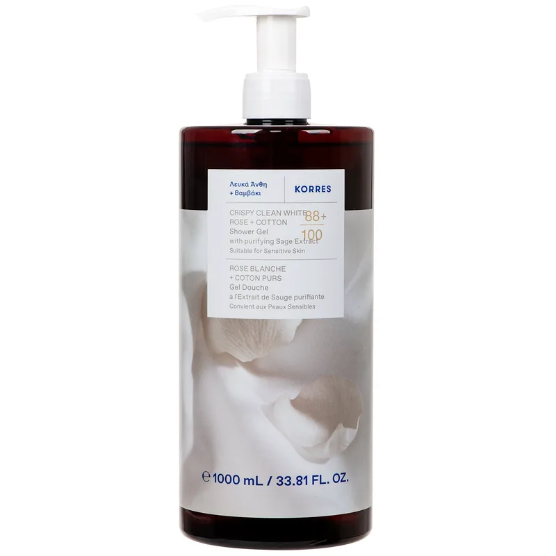 Korres Crispy Clean White Rose & Cotton Shower Gel Ενυδατικό Αφρόλουτρο Σώματος Λευκά Άνθη & Βαμβάκι με Καθαριστικό Εκχύλισμα Φασκόμηλου για Απαλό Άρωμα Φρεσκάδας Συνδυασμένο με Νότες Λευκών Λουλουδιών, με Αντλία 1L
