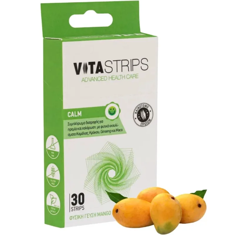 Vitastrips Calm Συμπλήρωμα Διατροφής με Εκχυλίσματα Καμέλιας, Κρόκου, Ginseng & Maca για Ηρεμία & Χαλάρωση με Γεύση Μάνγκο 30 Διασπειρόμενες στο Στόμα Ταινίες
