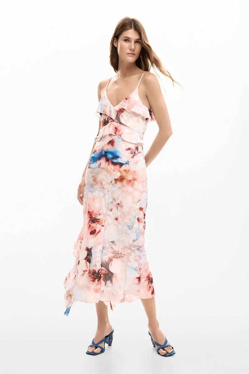 Desigual γυναικείο midi αμάνικο φόρεμα με floral print και ασύμμετρο τελείωμα "Mallo" - 26SWVK35 Ροζ Ανοιχτό