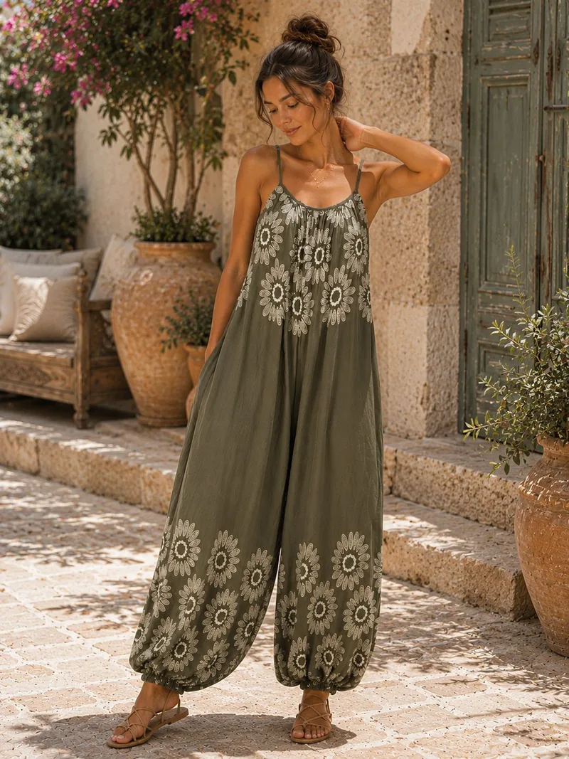 Ολόσωμη Φόρμα Boho με Φλοράλ Print και Τιράντες - Χακί | Dress Up Χακί