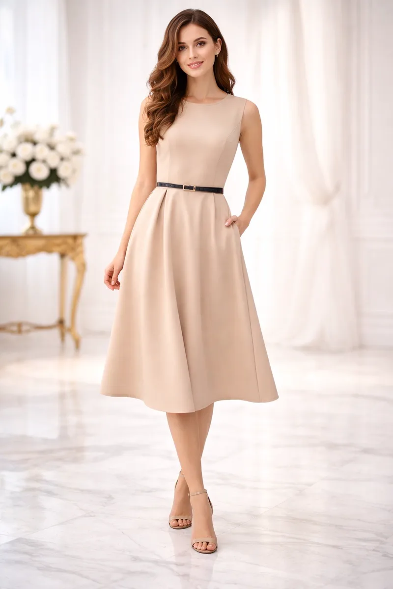 Μπεζ Midi Φόρεμα σε Α-Γραμμή με Ζώνη | Dress Up Μπεζ