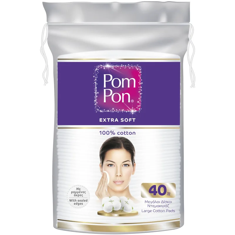 Pom Pon Extra Soft Cotton Pads Στρογγυλοί Δίσκοι Ντεμακιγιάζ από Βαμβάκι Υψηλής Ποιότητας Μεγάλου Μεγέθους 40 Τεμάχια
