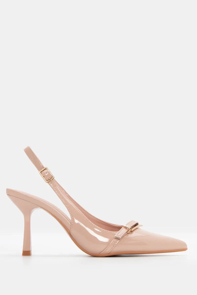 Γόβες Μυτερές Slingback με Διακοσμητική Τόκα - Μπεζ