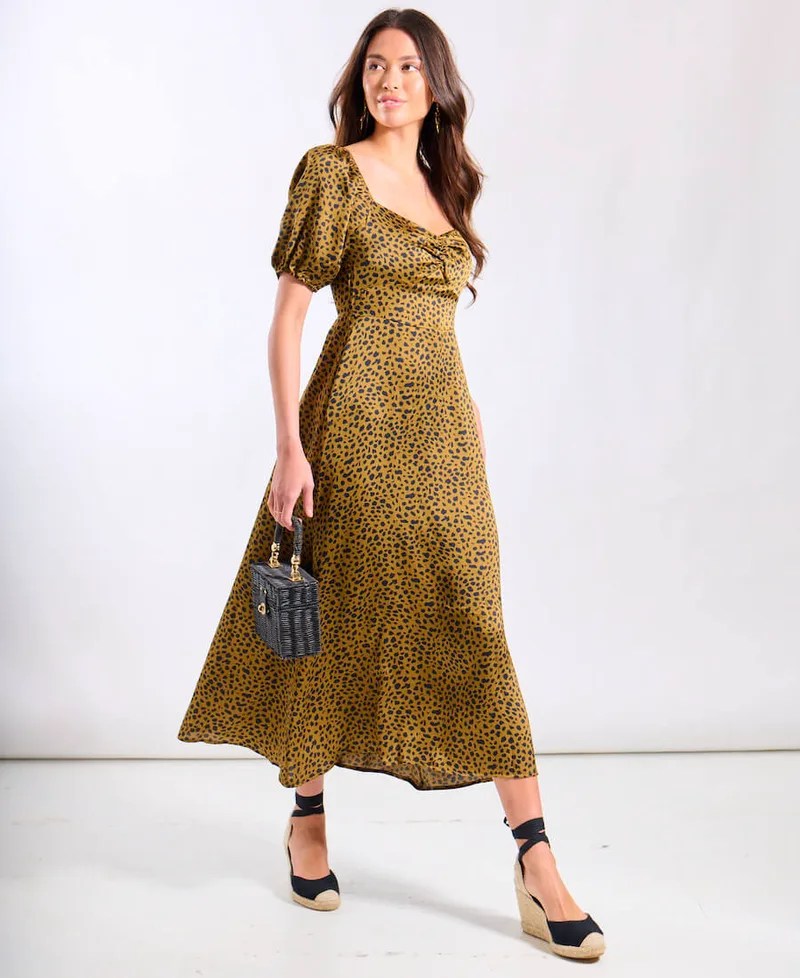 Brown Animal Satin Sweetheart Neck Midi Dress | Clothing Size: 16