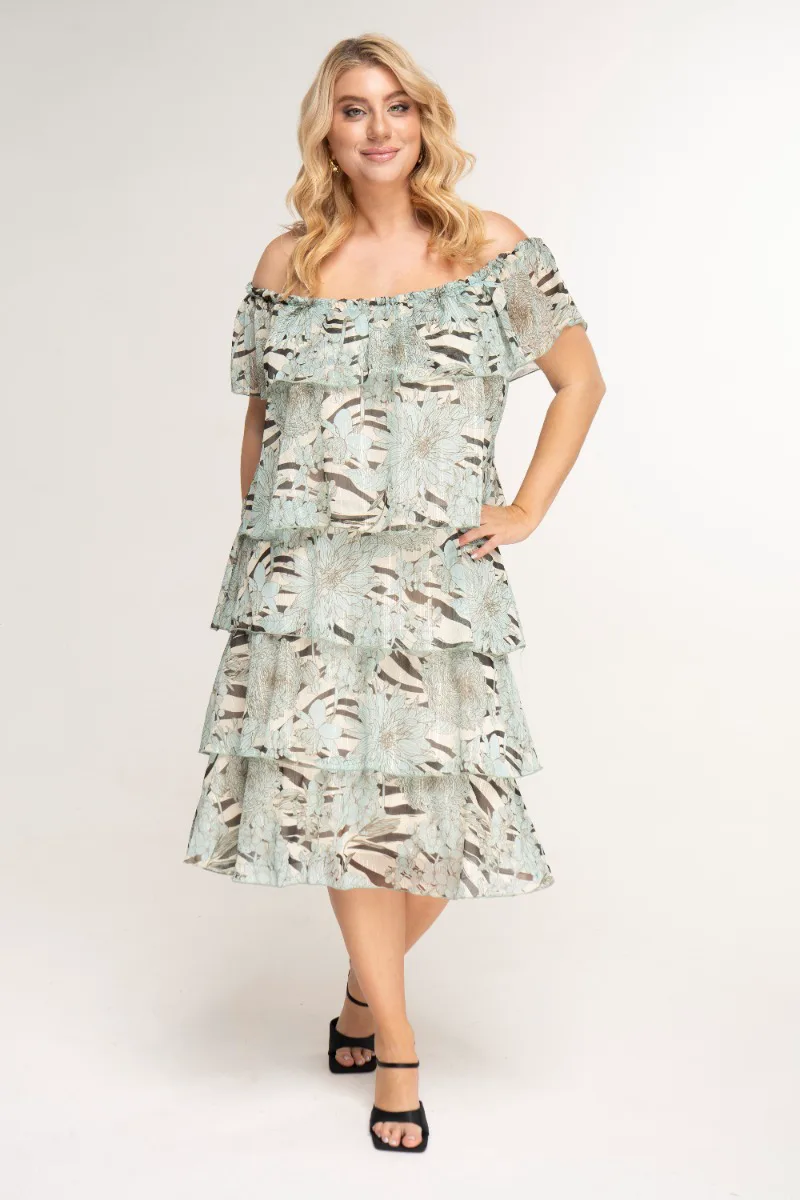 Midi φόρεμα με βολάν σε εμπριμέ μέντα χρώμα plus size