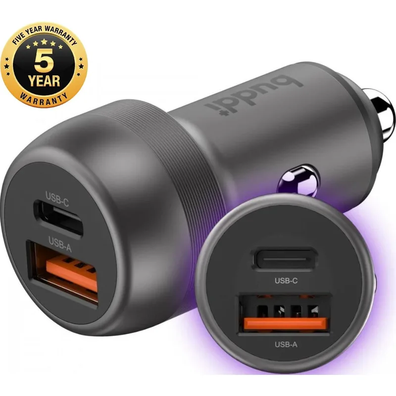 Φορτιστής Αυτοκινήτου Buddi Power Car Charger Γρήγορος με 1 x Type-C / 1 x USB-A 89W 5 Έτη Εγγύηση - Grey (8719246462535)