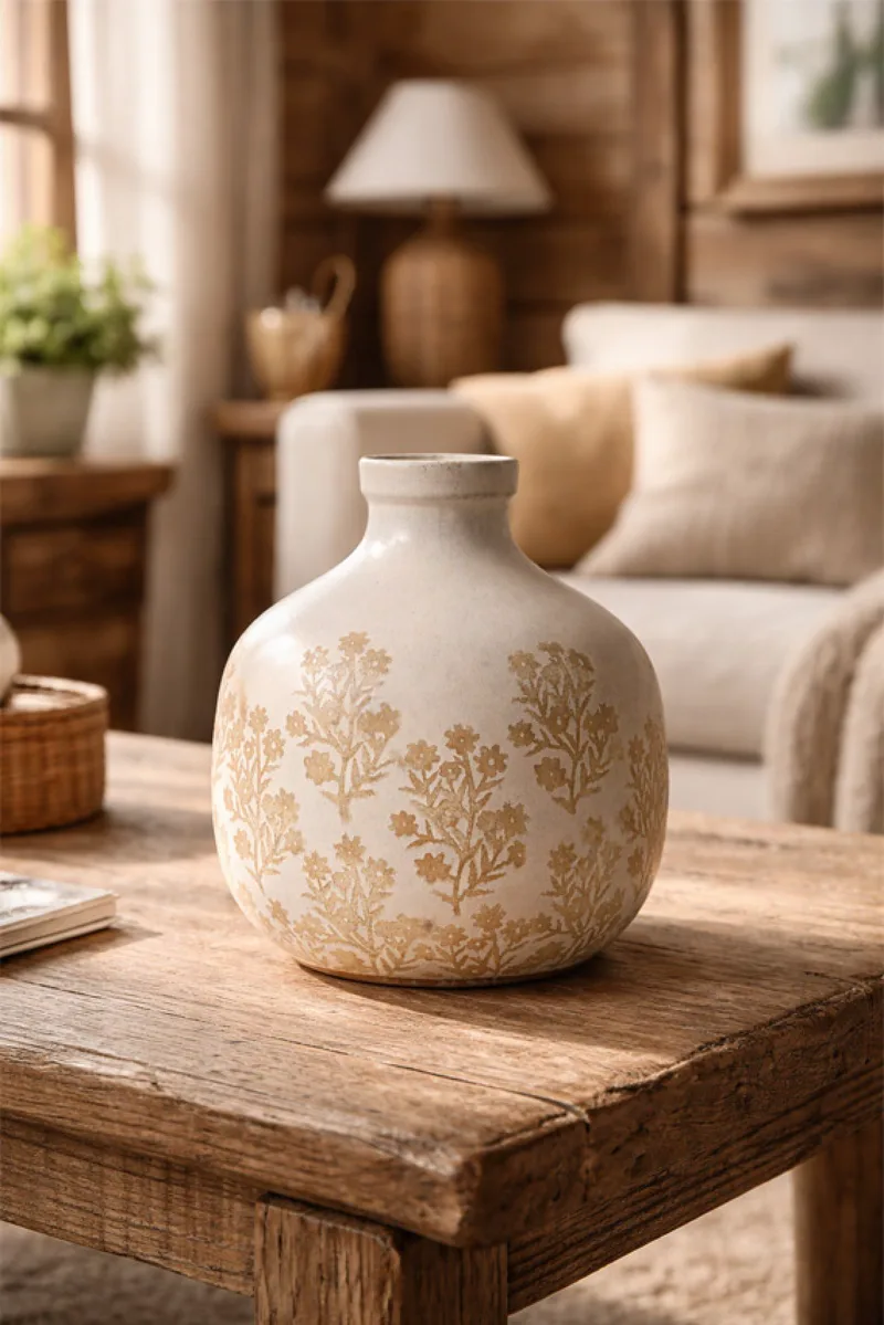 Βαζο Κεραμικο Με Φλοραλ Μοτιβο 21.5Cm 19x19x21.5cm Μονόχρωμο Kaeming