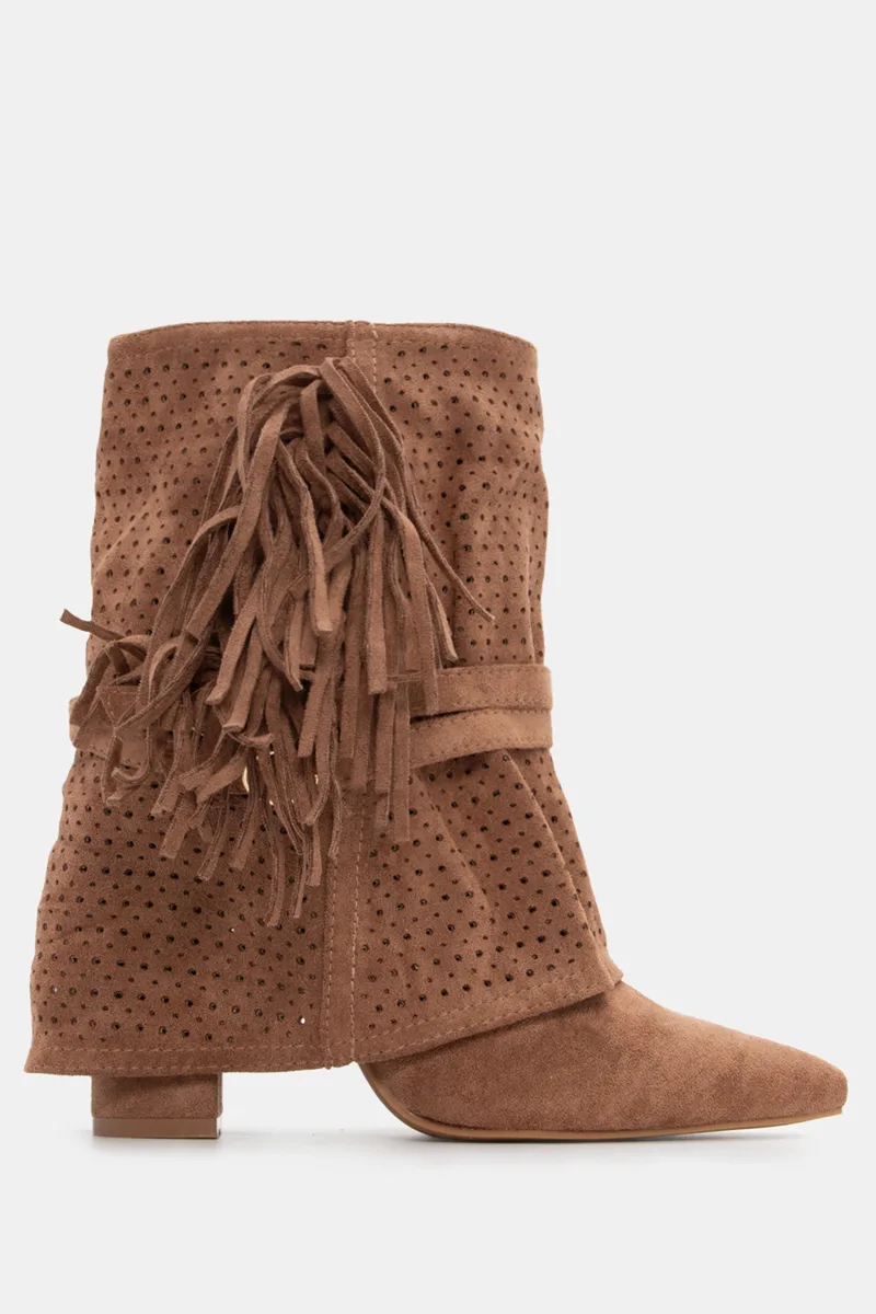 Μποτάκια Cowboy με Εφέ Αναδιπλούμενης Φάσας & Κρόσσια - Κάμελ