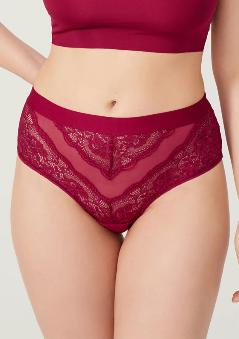 Plus Size Δαντελένιο Σλιπ Ψηλόμεσο Διαφάνεια - Κερασί