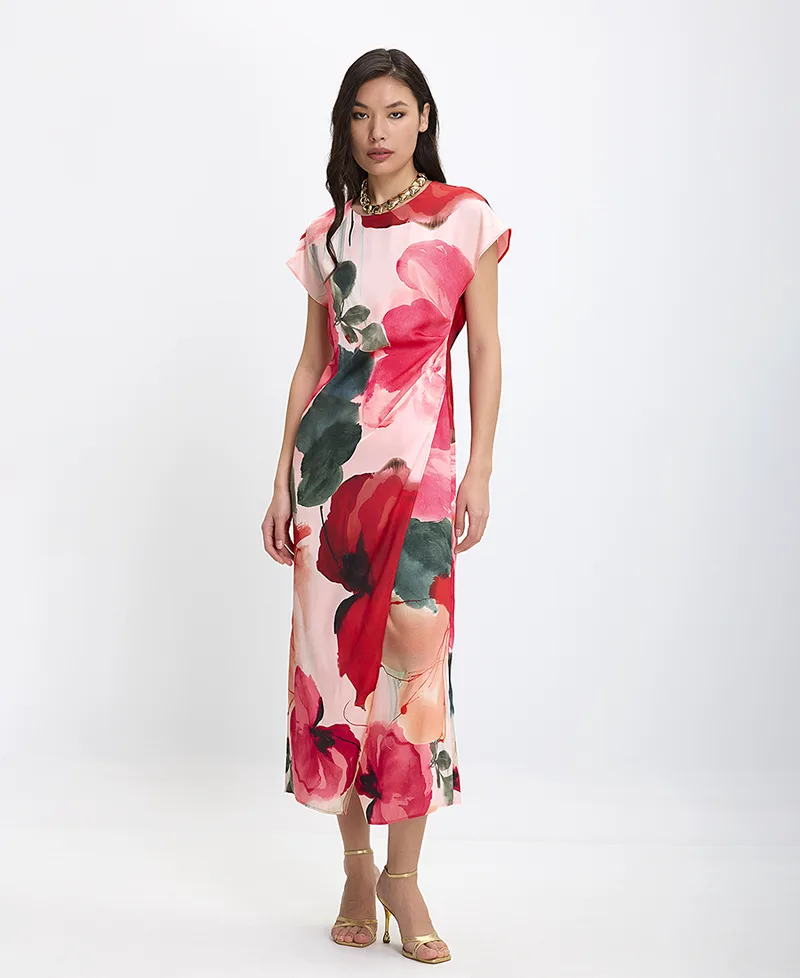 Γυναικείο Midi Φόρεμα με Floral Print και Ασύμμετρο Κλείσιμο