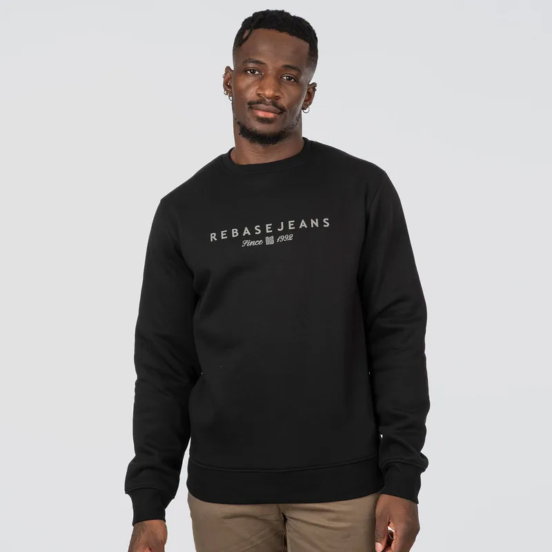 REBASE THIN HIGH DENSITY PRINT BRUSHED FLEECE CREWNECK TOP ΜΑΥΡΟ