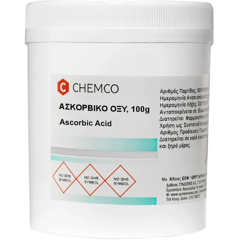 Chemco Ascorbic Acid Ασκορβικό Οξύ σε Σκόνη Κατάλληλο για Προσθήκη σε Τρόφιμα & Φαρμακευτικά Σκευάσματα 100g