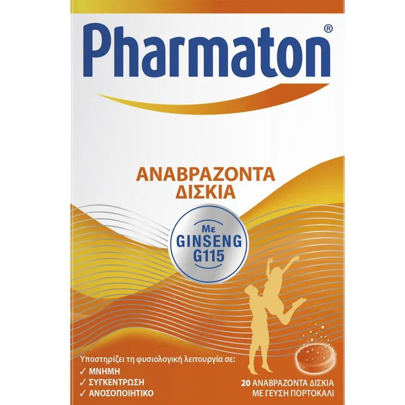 Pharmaton Συμπλήρωμα Διατροφής με Εκχύλισμα Ginseng, Βιταμίνες & Μέταλλα για Ενέργεια, Τόνωση, Μείωση της Κόπωσης & Στήριξη της Εγκεφαλικής Λειτουργίας με Γεύση Πορτοκάλι 20 Effer.tabs