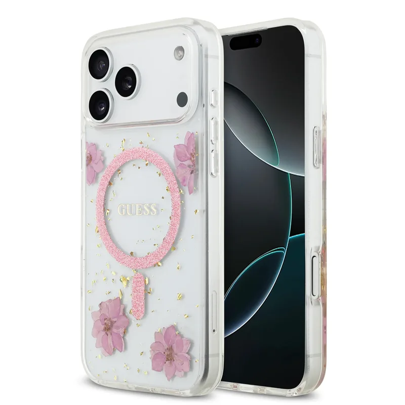 Θήκη Guess Resin Flowers Glitter Magsafe Clear Ροζ iPhone 17 Pro