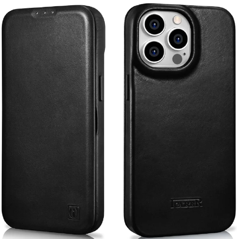 iCarer Curved Edge Oil Wax Leather Folio - Δερμάτινη MagSafe Flip Θήκη-Πορτοφόλι - Apple iPhone 14 Pro Max - Black (AKI14220708-BK)