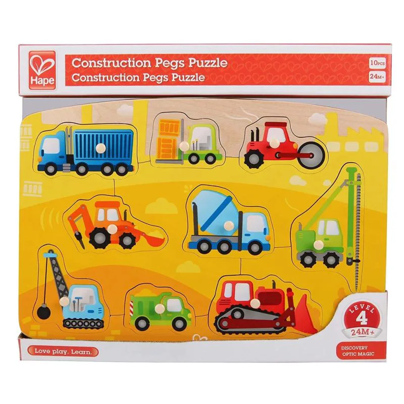 Παζλ ξύλινο με σφηνώματα Hape Constrcution Peg Puzzle - Φορτηγά (E1407)