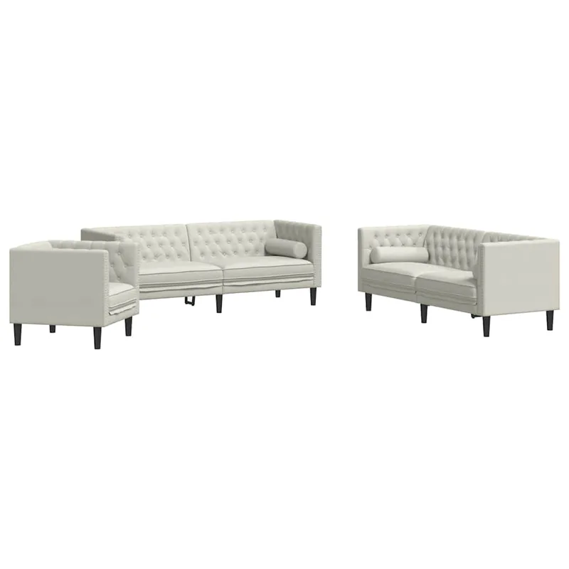 vidaXL Σετ Καναπέδων Chesterfield 3 Τεμαχίων με Βάσεις, Κρεμ Βελούδινο