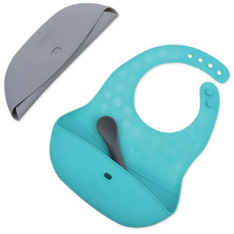 BBLÜV Pöket σαλιάρα με κουτάλι Grey/Aqua 2 τμχ