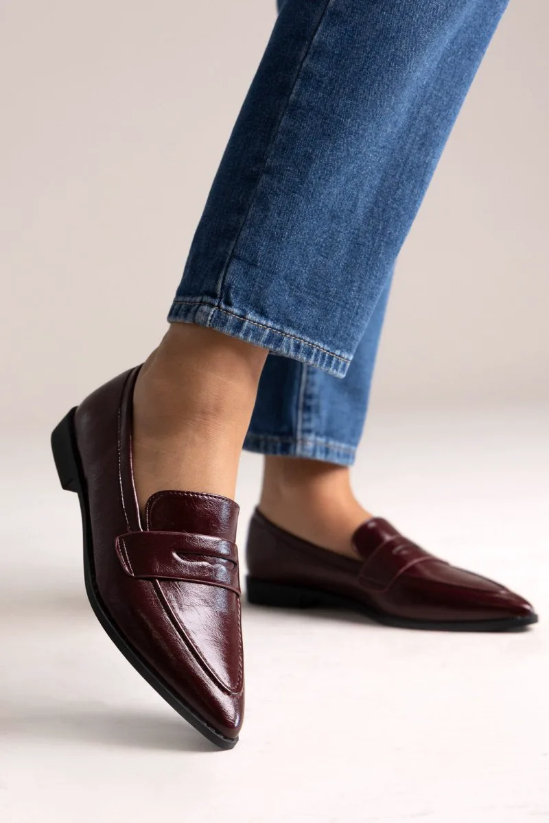 VeraBloom Pointed Flat Loafers Crinkled Patent - VB59203 - Burgundy Crinkled Patent