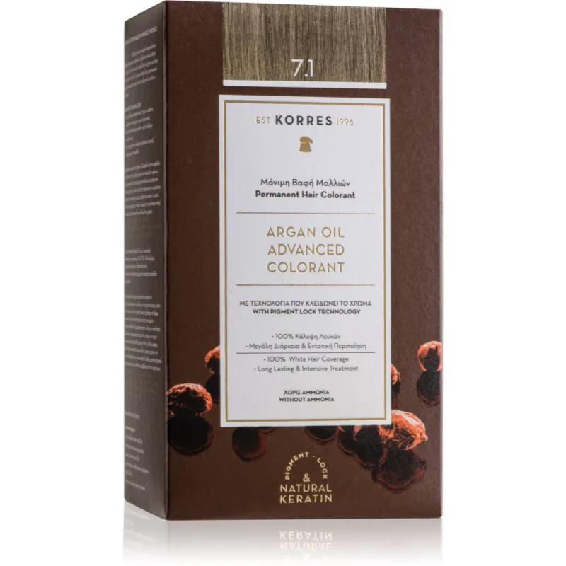 Korres Argan Oil μόνιμη βαφή μαλλιών με έλαιο αργκάν απόχρωση 7.1 Ash Blonde 50 ml