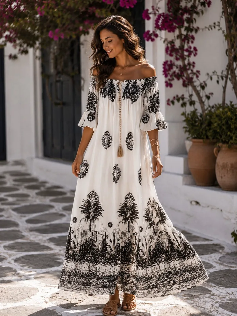 Boho Maxi Φόρεμα Off Shoulder Με Ethnic Print - Μαύρο | Dress Up Μαύρο