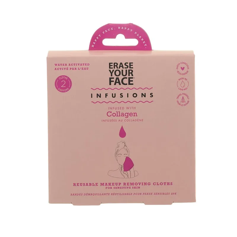 Erase you Face Reusable Makeup Removing Cloths Infused with Collagen 2pcs