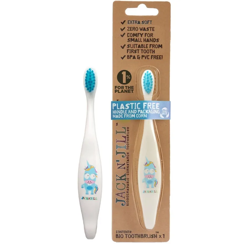 Jack n' Jill Biodegradable Kids Toothbrush Extra Soft Βρεφική Οδοντόβουρτσα από Άμυλο Καλαμποκιού Κατάλληλη από την Πρώτη Οδοντοφυΐα, με Σχέδιο Μονόκερος 1 Τεμάχιο