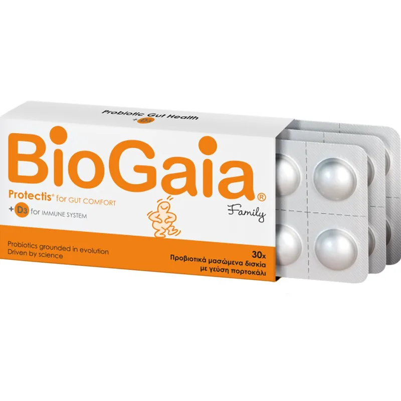 BioGaia Protectis for Gut Comfort + Vitamin D3 for Immune Family Συμπλήρωμα Διατροφής Προβιοτικών & Βιταμίνης D3 για την Αντιμετώπιση Διάρροιας, Δυσκοιλιότητας & Κοιλιακού Άλγους για Υγιές Ανοσοποιητικό με Γερά Οστά & Δόντια με Γεύση Πορτοκάλι 30 Che