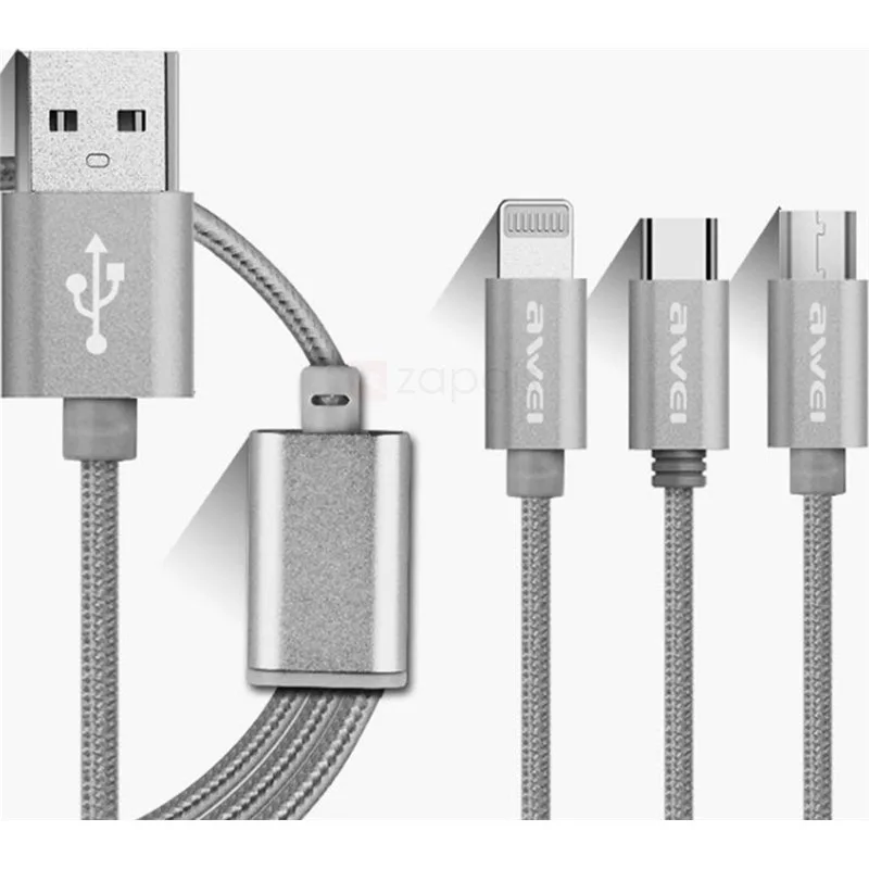 Awei CL-970 Braided USB to Type-C / Lightning / micro USB Cable Γκρι 1.2m