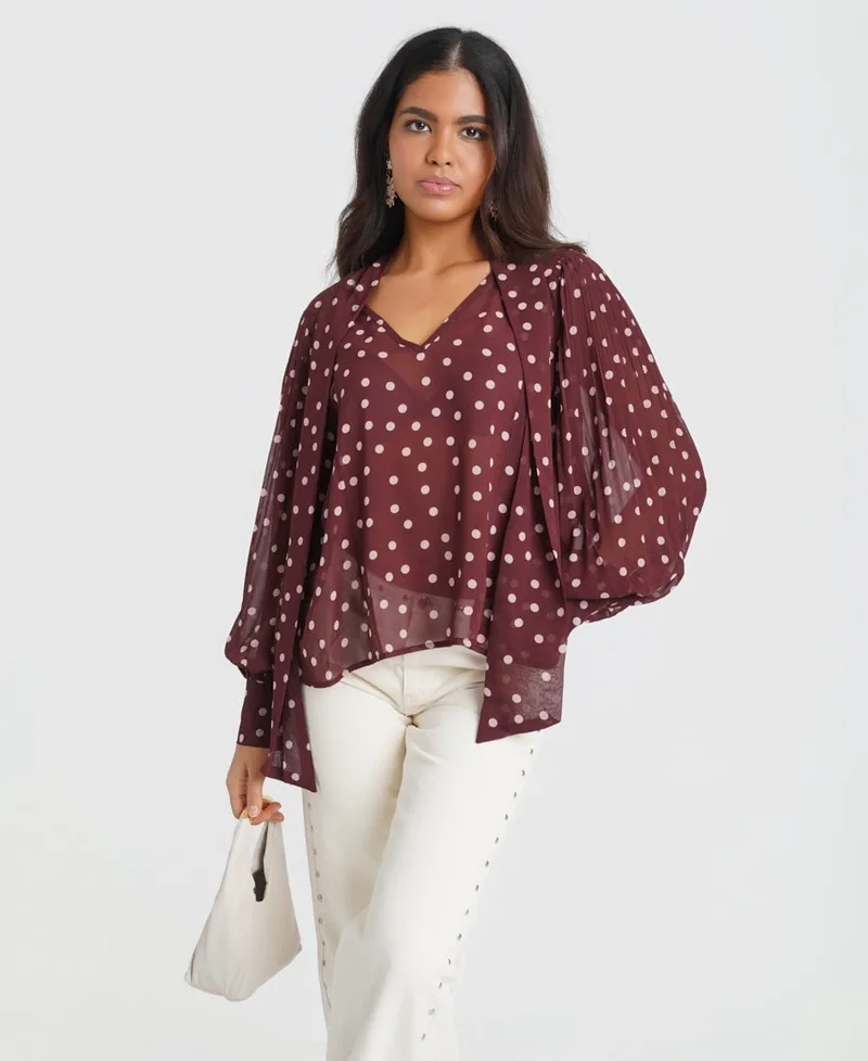 Burgundy Polka Dot Tie Neck Blouse | Size: 10