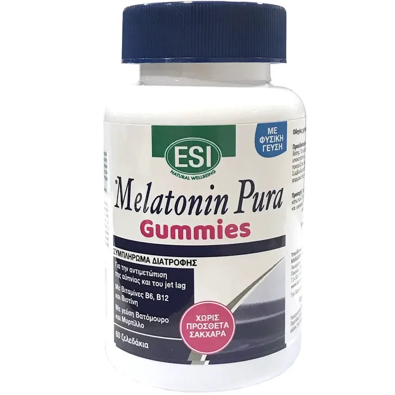 Esi Melatonin Pura Gummies Συμπλήρωμα Διατροφής Μελατονίνης, Εκχυλίσματος Βοτάνων & Βιταμινών για την Αντιμετώπιση της Αϋπνίας, του Jet Lag & Ποιοτικότερο Ύπνο με Φυσική Γεύση 60 Ζελεδάκια