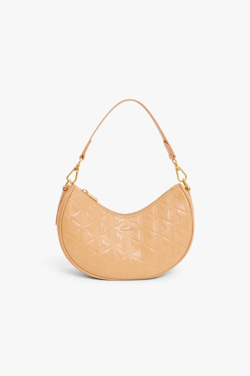 Lacoste γυναικεία δερμάτινη τσάντα ώμου με all-over monogram "Maheki Half Moon" - NF4710MH Καμηλό