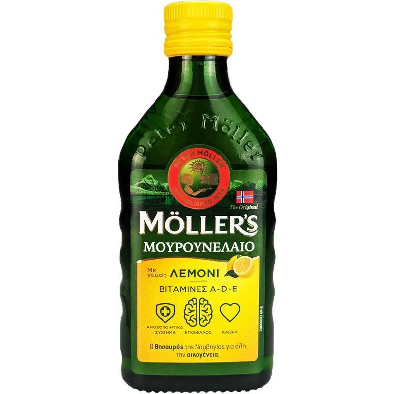 Moller's Cod Liver Oil Lemon Συμπλήρωμα Διατροφής Πόσιμου Μουρουνέλαιου Πλούσιο σε Ω3 με Βιταμίνες A, D & E με Γεύση Λεμόνι 250ml