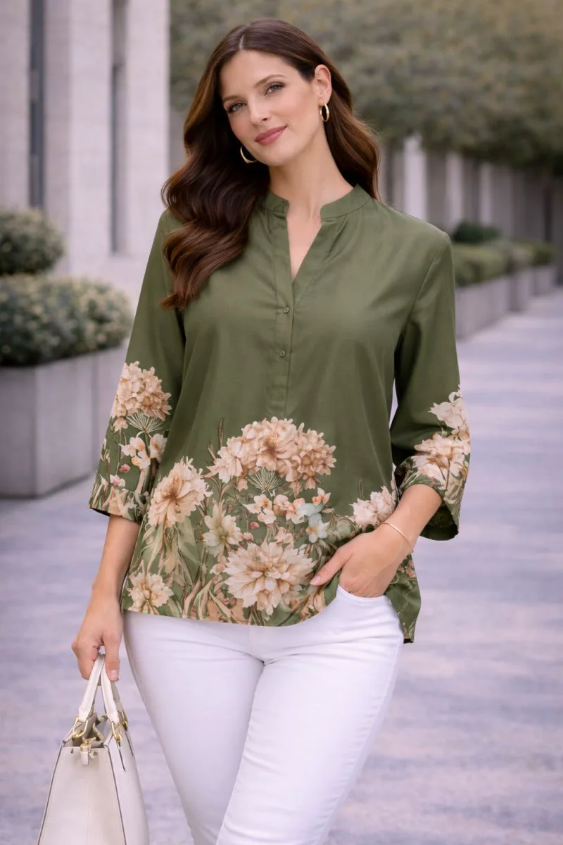 Μπλούζα Σατέν Με FLoral Print Σε Χακί Χρώμα Χακί