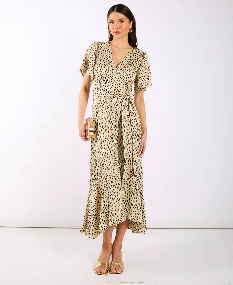Cream Animal Printed Satin Wrap Midi Dress | Clothing Size: 8
