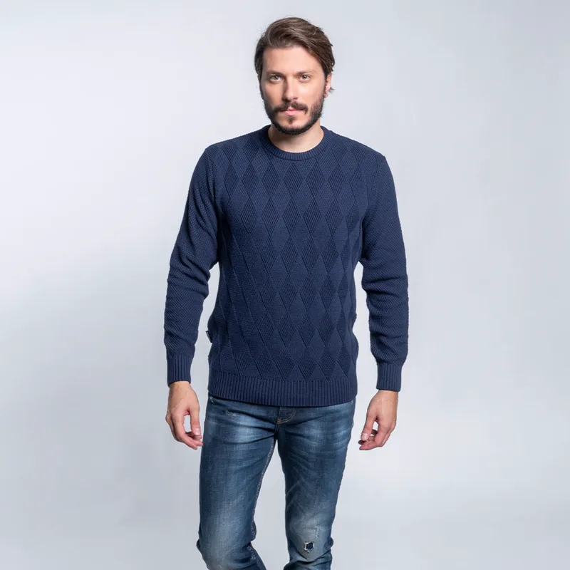 Πουλόβερ Μπλε Σκούρο Round Neck Πλέξη Ζακάρ 100% Cotton (Modern Fit)