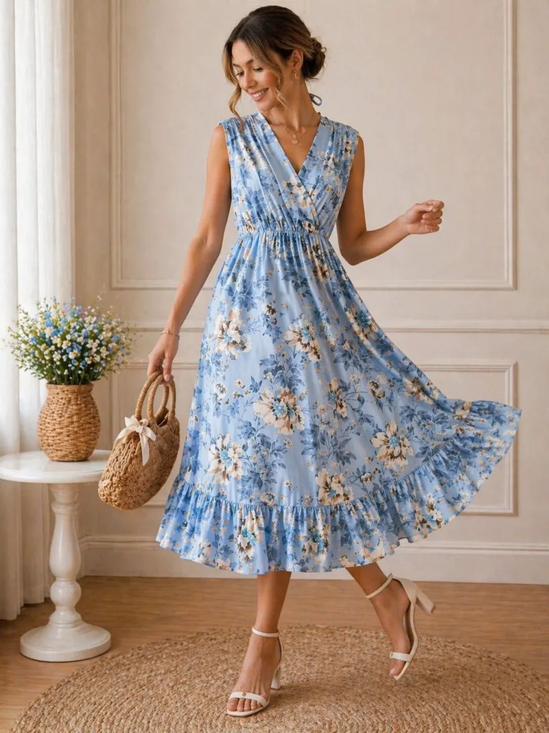 Γυναικείο Midi Φόρεμα Floral Με V Λαιμόκοψη – Αέρινο Καλοκαιρινό Φόρεμα Σε Σιέλ | Dress Up Σιέλ