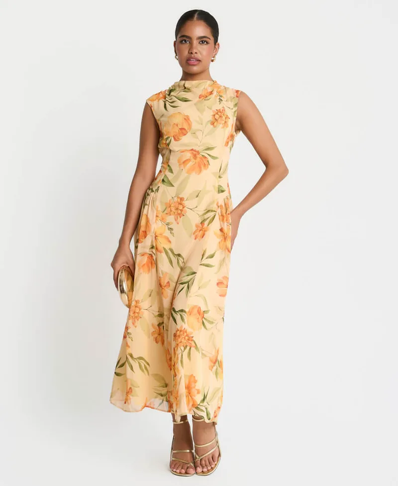 Yellow Floral Midaxi Dress | Size: 8