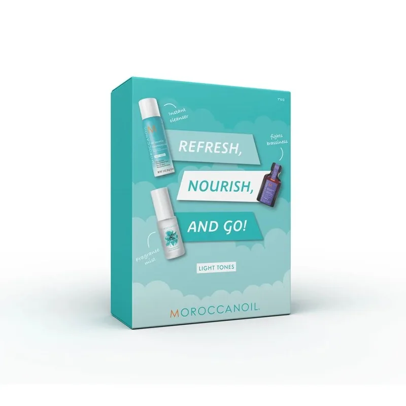 Moroccanoil Refresh, Nourish & Go (Dry Shampoo Light Tones 65ml, Treatment Purple 25ml, Fragrance Mist 30ml)