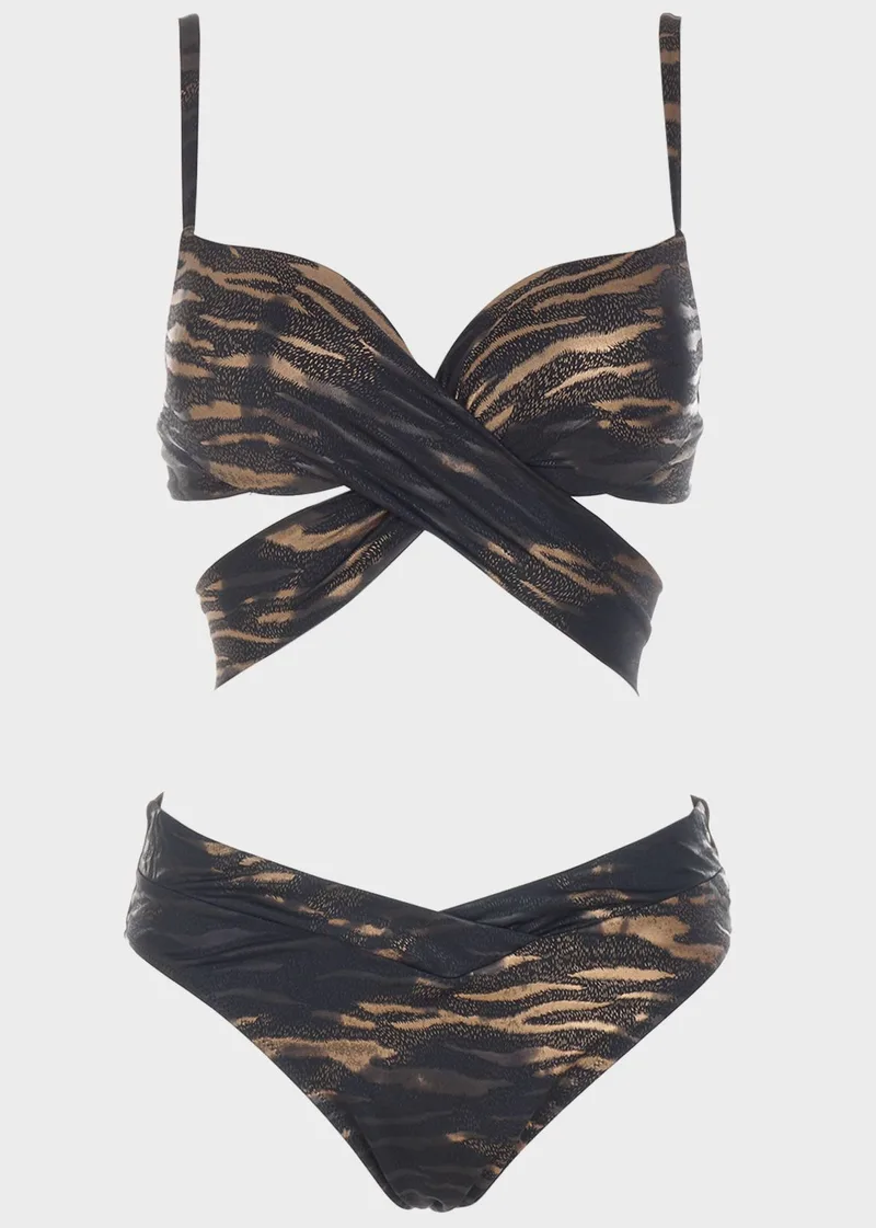 Σετ μπικίνι animal print push up slip κανονική γραμμή.Καλύπτει B Cup ΜΑΥΡΟ