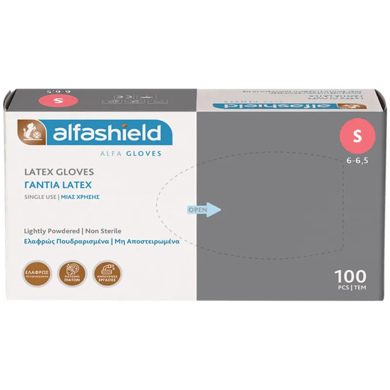 AlfaShield Latex Gloves Εξεταστικά Γάντια Ελαφρώς Πουδραρισμένα & μη Αποστειρωμένα 100 Τεμάχια - Small
