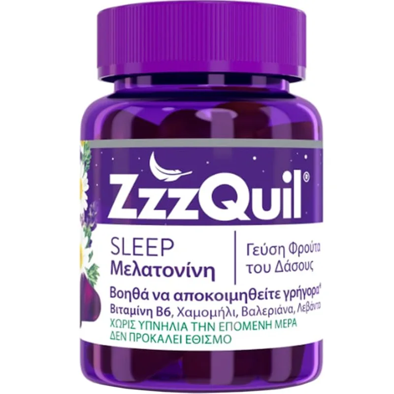 ZzzQuil Sleep Melatonin Συμπλήρωμα Διατροφής Μελατονίνης, Βιταμίνης Β6 & Εκχυλίσματος Βοτάνων για Γρηγορότερο & Ποιοτικότερο Ύπνο με Γεύση Φρούτα του Δάσους 30 Ζελεδάκια